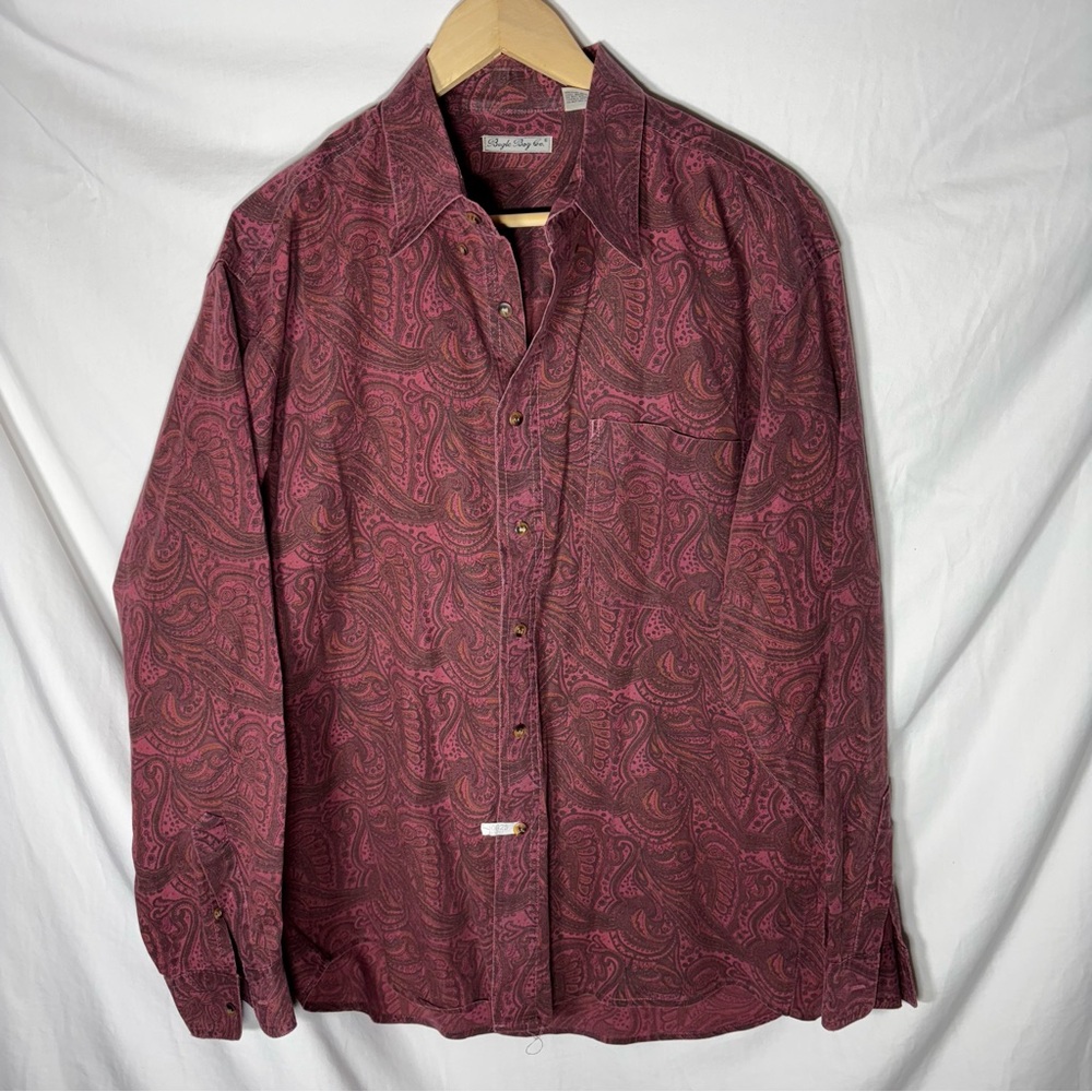 VTG Bugle Boy Company L Button Down Long Sleeve Crest Maroon Print 90s Y2K Shirt
